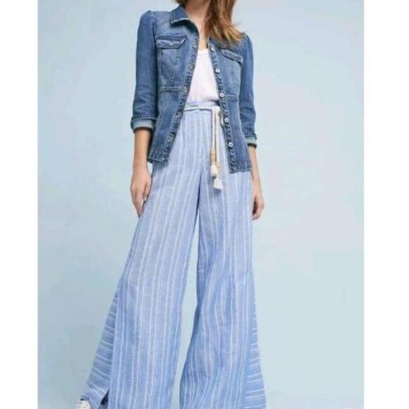 Anthropologie Pants - Anthropologie Pants Womens US 10 Light Blue Striped Wide Leg Tassel Belt Linen
